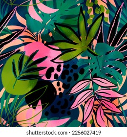 Abstract Hand Drawing Digital Watercolor Textured Tropical Monstera Exotic Leaves   Leopard Skin Geometric Shapes Seamless Pattern Isolated Background