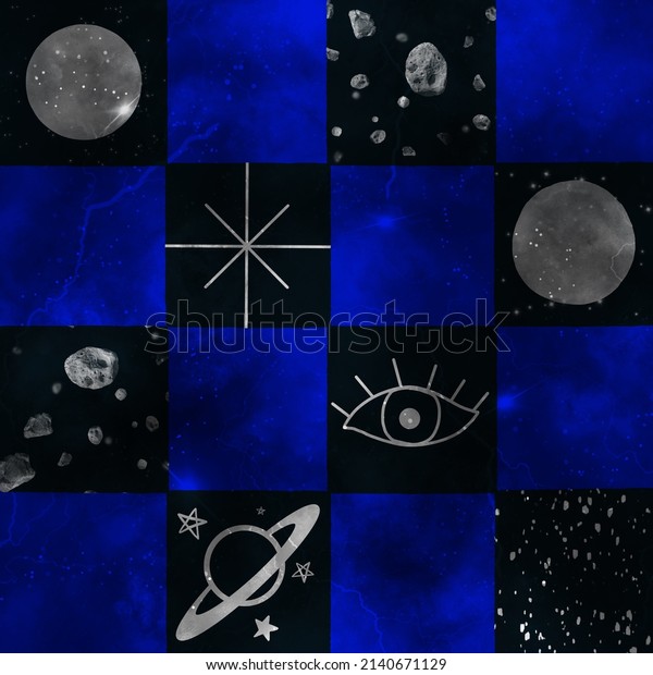 Abstract Hand Drawing\
Galaxy Space Icons Symbols Stars Planets Checkered Seamless Pattern\
Retro\
Background