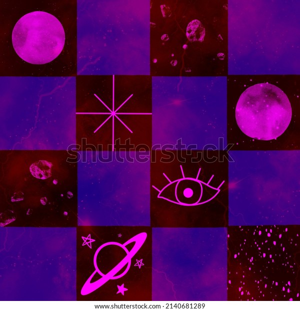 Abstract Hand Drawing\
Galaxy Space Icons Symbols Stars Planets Checkered Seamless Pattern\
Retro\
Background