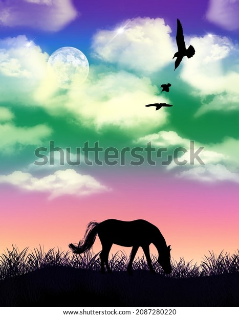 Abstract Hand Drawing Horse and Sky\
Landscape Concept Poster Pattern Pastel Colors\
Background