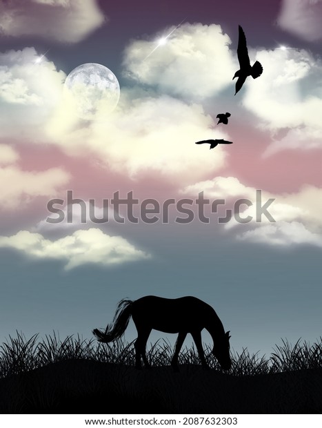 Abstract Hand Drawing Horse and Sky\
Landscape Concept Poster Pattern Pastel Colors\
Background