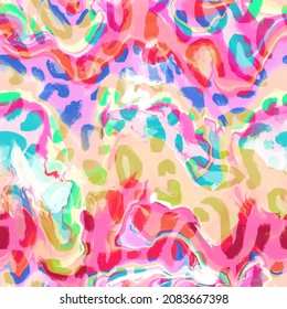 Abstract Hand Drawing Leopard Animal Skin Shapes Seamless Pattern and Tie Dye Marble Wavy Batik Background