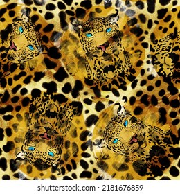 Abstract Hand Drawing Leopard Cheetah Heads Seamless Pattern and Animal Skin Leather Fur Background