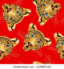 Abstract Hand Drawing Leopard Cheetah Tiger Heads Seamless Pattern Isolated Background