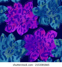 Abstract Hand Drawing Lotus Flowers   Leaves and Tie Dye Leopard Skin Texture Seamless Pattern Isolated Background