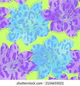 Abstract Hand Drawing Lotus Flowers   Leaves and Tie Dye Leopard Skin Texture Seamless Pattern Isolated Background