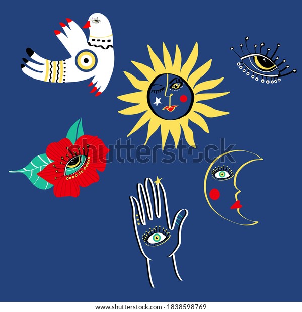 Abstract Hand\
Drawing Mystic Concept Bird Hand of Fatima Eye Sun Moon Rose Design\
Materials Isolated\
Background