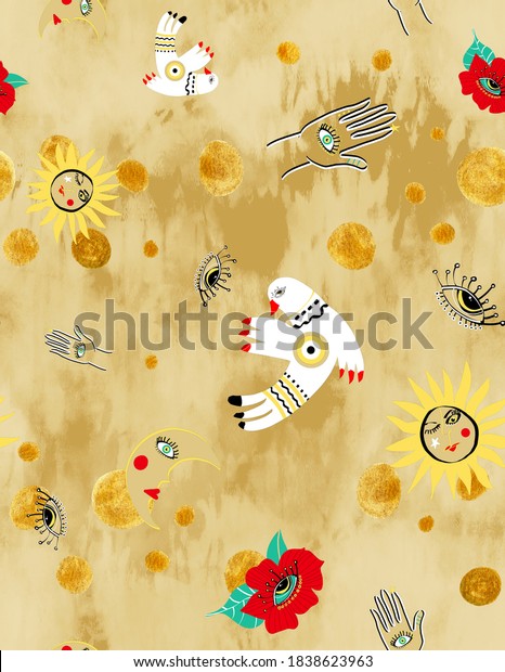 Abstract Hand Drawing Mystic Concept Bird Hand\
of Fatima Eye Sun Moon Rose and Gold Foil Dots Repeating Pattern\
with Batik Tie Dye\
Background