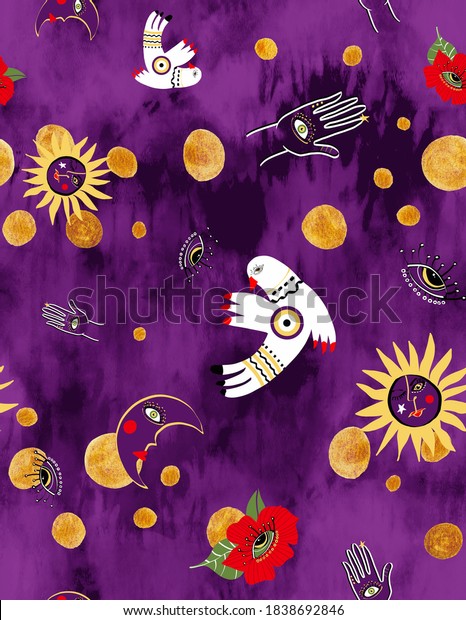 Abstract Hand Drawing Mystic Concept Bird Hand\
of Fatima Eye Sun Moon Rose and Gold Foil Dots Repeating Pattern\
with Batik Tie Dye\
Background