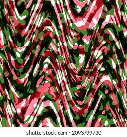 Abstract Hand Drawing Optical Geometric Psychedelic Wavy Lines and Ditsy Flowers Seamless Pattern Blurred Tie Dye Background
