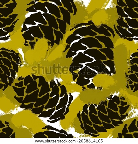 Abstract Hand Drawing Pine Cones and Camouflage Brush Strokes Seamless Pattern with Colorful Background
