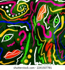 Abstract Hand Drawing Psychedelic Geometric Shapes Face Eyes Lips   Curls Seamless Pattern Tie Dye Brush Strokes Background