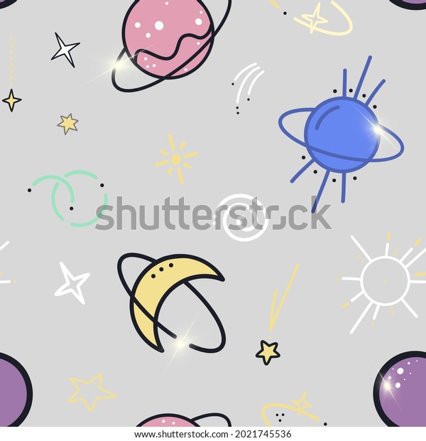 Abstract Hand Drawing Space Elements\
Galaxy Concept Seamless Pattern Isolated\
Background