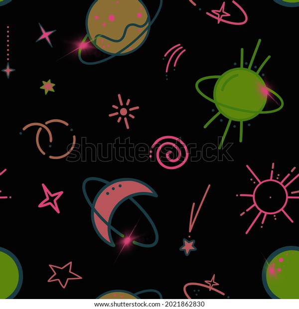 Abstract Hand Drawing Space Elements\
Galaxy Concept Seamless Pattern Isolated\
Background