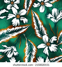 Abstract Hand Drawing Tropical Exotic Hibiscus Flowers   Leaves Seamless Pattern and Tie Dye Background