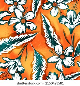 Abstract Hand Drawing Tropical Exotic Hibiscus Flowers   Leaves Seamless Pattern and Tie Dye Background