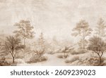 Abstract hand drawn nostalgic forest landscape art wallpaper. Hand drawn forest art wallpaper. Abstract forest, carpet pattern art illustration.
