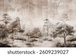 Abstract hand drawn nostalgic forest landscape art wallpaper. Hand drawn forest art wallpaper. Abstract forest, carpet pattern art illustration.