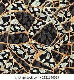 Abstract hand drawn seamless pattern, kintsugi background with gold, organic surface, for textiles, banners, wallpapers, tiles with leaves and flowers