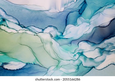 Abstract hand painted alcohol ink texture. Blue and green color creative background for your design