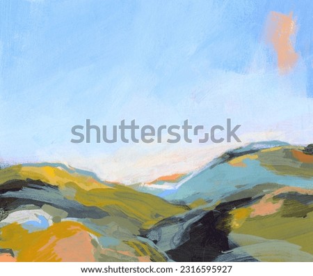 Abstract hand painted landscape. Versatile artistic image for creative design projects: posters, banners, cards, prints, brochures, wallpapers. Gouache on paper. Artist-made art, no ai.