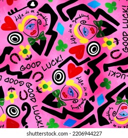 Abstract Hand Writing Good Luck Concept Cubism Painting Woman Portrait Heart Horse Shoe And Geometric Shapes Seamless Pattern With Tie Dye Watercolor Background