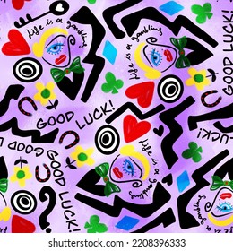 Abstract Hand Writing Good Luck Concept Cubism Painting Woman Portrait Heart Horse Shoe And Geometric Shapes Seamless Pattern With Tie Dye Watercolor Background