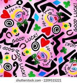 Abstract Hand Writing Good Luck Concept Cubism Painting Woman Portrait Heart Horse Shoe And Geometric Shapes Seamless Pattern With Tie Dye Watercolor Background