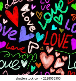 Abstract Hand Writing Neon Colors Love Text and Hearts Seamless Pattern Isolated Background