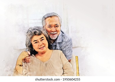 Abstract happiness Asia senoir couple smile and relaxation at home on watercolor illustration painting background. - Shutterstock ID 1950604255