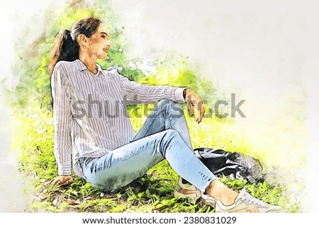 Abstract happiness young woman smiles on watercolor illustration painting background.