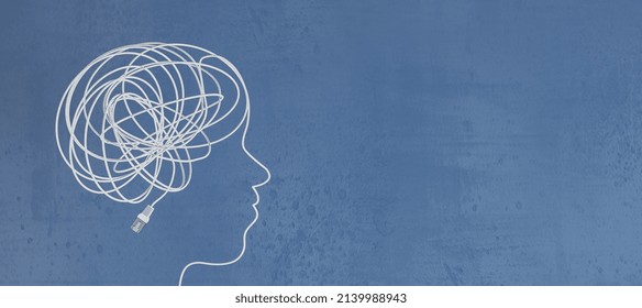 Abstract Head And Brain Scribble Outline Made Of Usb Cable On Wide Blue Background With Mock Up Place. Anxiety And Power Concept. 3D Rendering