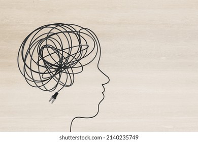 Abstract Head And Brain Scribble Outline Made Of Usb Cable On Wooden Background With Mock Up Place. Anxiety And Power Concept. 3D Rendering