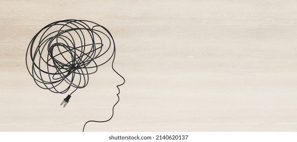 Abstract Head And Brain Scribble Outline Made Of Usb Cable On Wide Wooden Background With Mock Up Place. Anxiety And Power Concept. 3D Rendering