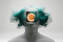 Abstract Head With A Hole, Featuring Clouds, Symbolizing A Blend Of The Human Mind And Ethereal Elements.	