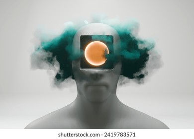 Abstract head with a hole, featuring clouds, symbolizing a blend of the human mind and ethereal elements.	