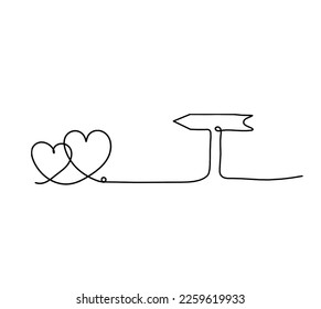 Abstract heart and direction as continuous line drawing white background