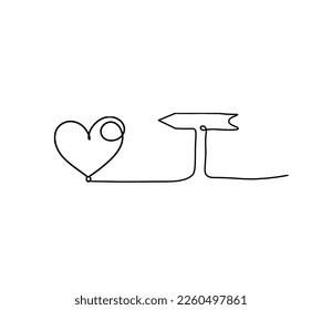 Abstract heart and direction as continuous line drawing white background