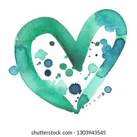 Abstract Heart Outline With Splatters, Stains And Blots Painted In Green And Blue Watercolor On Clean White Background