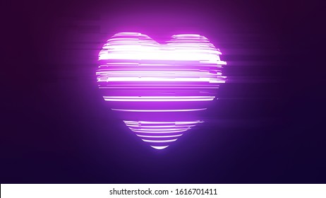 Abstract Heart shape illustration. Digital glitch effect. 3D Render. Futuristic concept for Valentine's Day. Glowing light. Fluorescent neon colors. Retro wave, 80s, 90s. High Quality Cyber wallpaper