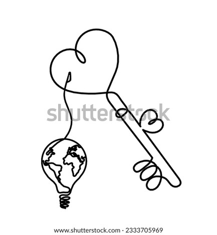 Abstract heart-key with light bulb as continuous line drawing on white background