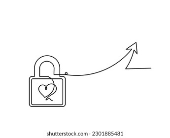 Abstract heart  lock and arrow as continuous line drawing white background