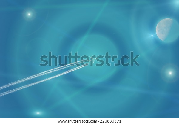 Abstract heavenly background with a flying to\
the moon airplane and the stars in the sky-blue shades. Can be used\
as wallpaper.