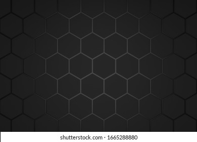 Abstract Hexagon Pattern On Dark Background With Futuristic Concept. Backdrops Surface And Black Material Template. 3D Rendering.