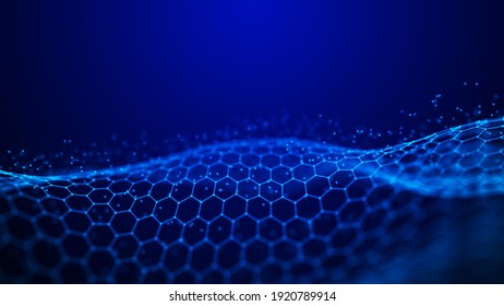 Abstract Hexagon Wave With Moving Dots. Flow Of Particles. Cyber Technology Illustration. 3d Rendering.