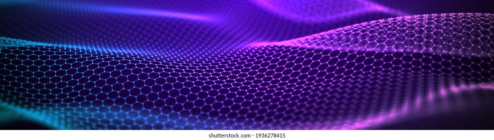 Abstract Hexagon Wave With Moving Dots. Flow Of Particles. Cyber Technology Illustration. 3d Rendering