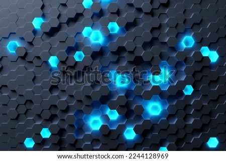 Abstract hexagonal background with depth of field effect, 3d illustration. A large number of multi-colored hexagons. Honeycomb, 3d panel.