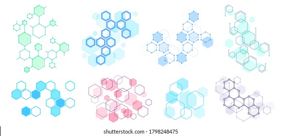 Abstract hexagonal structure. Futuristic composition, geometric hexagon network structures and honeycomb  illustration set. Hexagon pattern structure, design molecular dna, polygon honeycomb