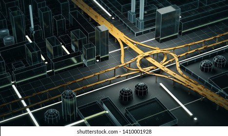 abstract high tech city with complex road junction. smrt city, internet of things digital urbanistic road management concept. 3d rendering