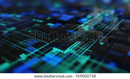 Abstract high tech digital technology background made of particles and metallic plates.